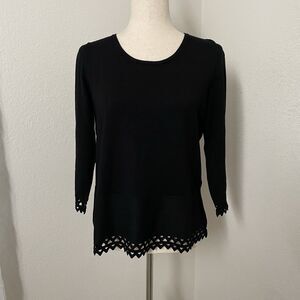 Talbots Womens Sweater PL Black 3/4 Sleeve Gingham Cut outs Tie Neck Dressy